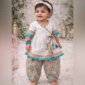 Girls White & Teal Festive Wrap-Top Dress with Printed Pants